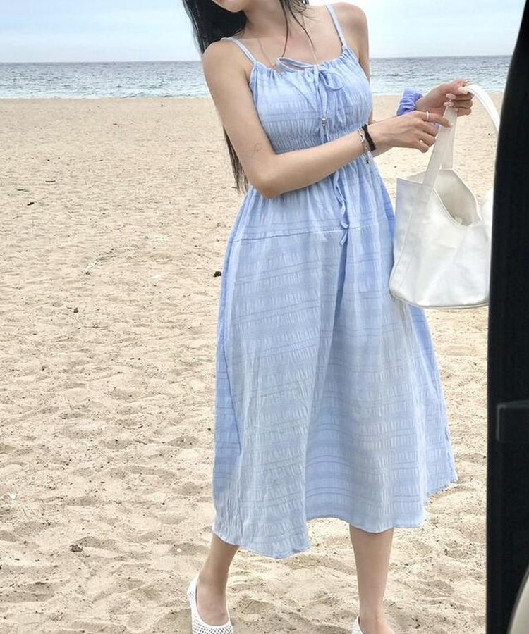 ロングワンピース スモークキャミソールロングワンピース SKYBLUE