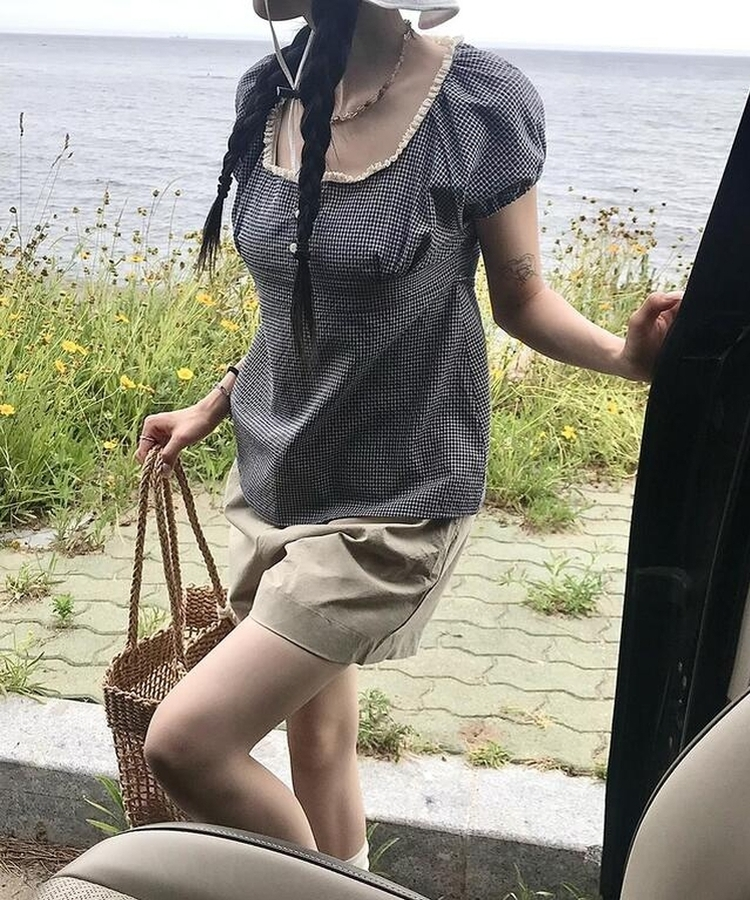 ブラウス チェック半袖ブラウス NAVY