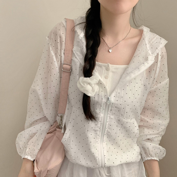 멜로디 도트 프릴 후드 바람막이 스트링 장마룩 여름 아우터 상의 바스락 아노락 발레코어 레이어드 화이트