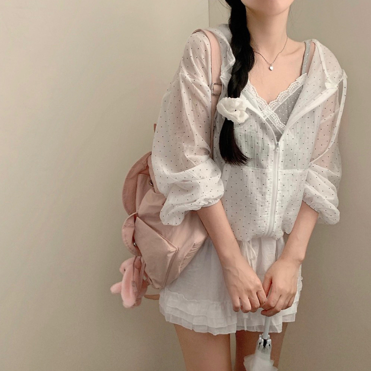 멜로디 도트 프릴 후드 바람막이 스트링 장마룩 여름 아우터 상의 바스락 아노락 발레코어 레이어드 화이트