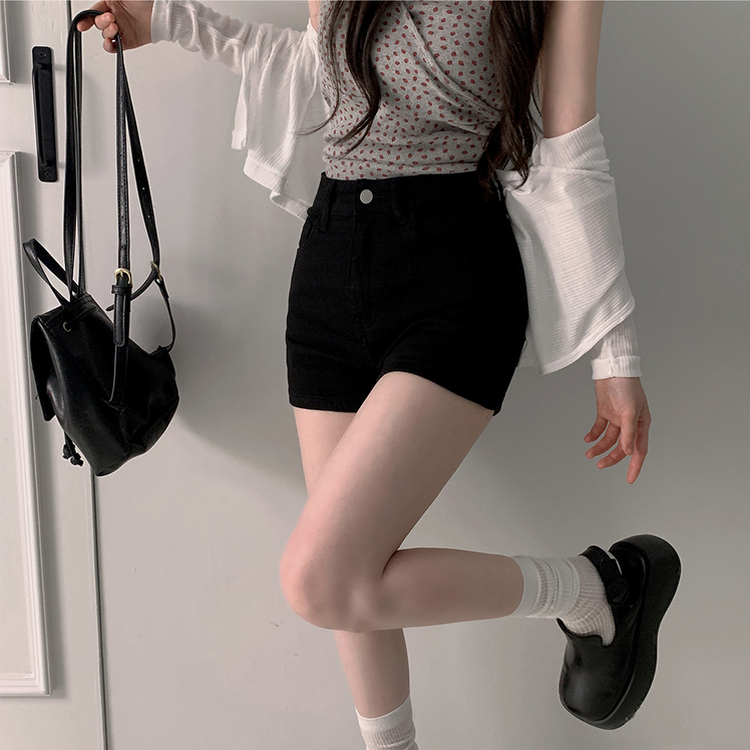ショートパンツ ハイウエストツーボタンショートパンツ BLACK DENIM ONE BUTTON