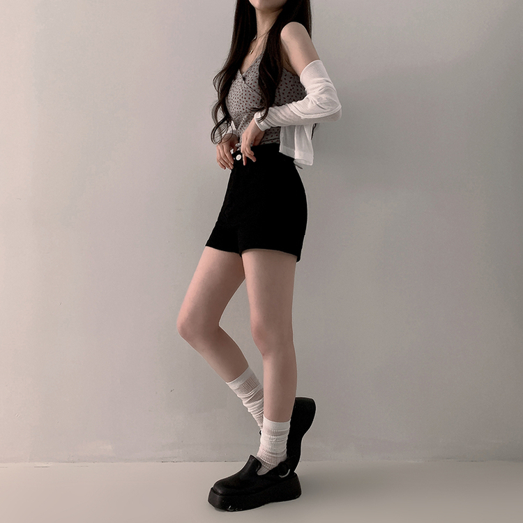ショートパンツ ハイウエストツーボタンショートパンツ BLACK DENIM ONE BUTTON