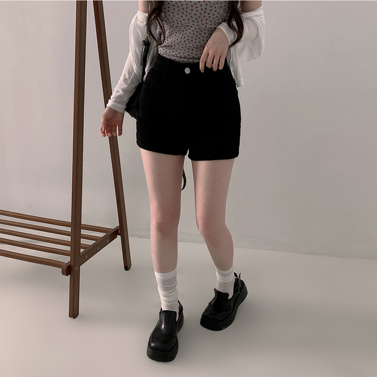ショートパンツ ハイウエストツーボタンショートパンツ BLACK DENIM ONE BUTTON