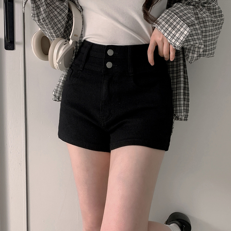 ショートパンツ ハイウエストツーボタンショートパンツ BLACK DENIM TWO BUTTON