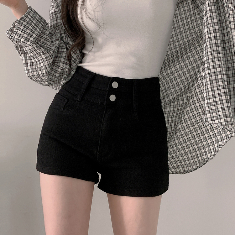 ショートパンツ ハイウエストツーボタンショートパンツ BLACK DENIM TWO BUTTON
