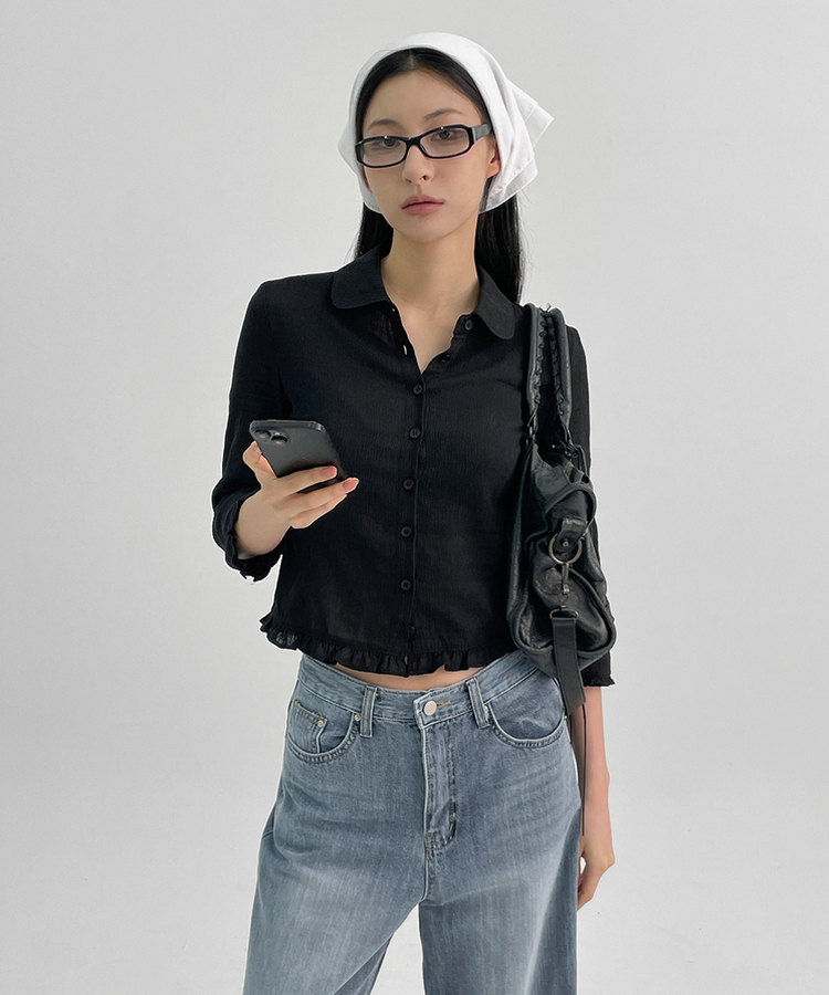 サマーフリル7分丈シャツ BLACK