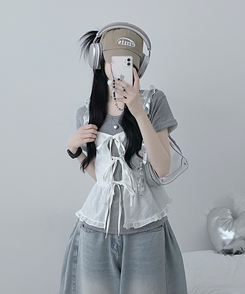 チェックリボンフリルビスチェブラウス WHITE