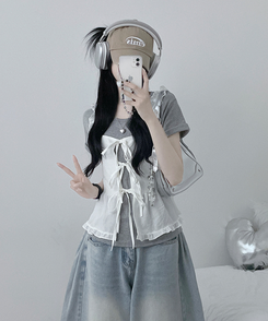 チェックリボンフリルビスチェブラウス WHITE