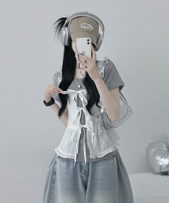 チェックリボンフリルビスチェブラウス WHITE