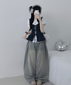 チェックリボンフリルビスチェブラウス NAVY