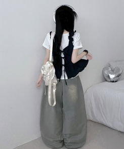 チェックリボンフリルビスチェブラウス NAVY