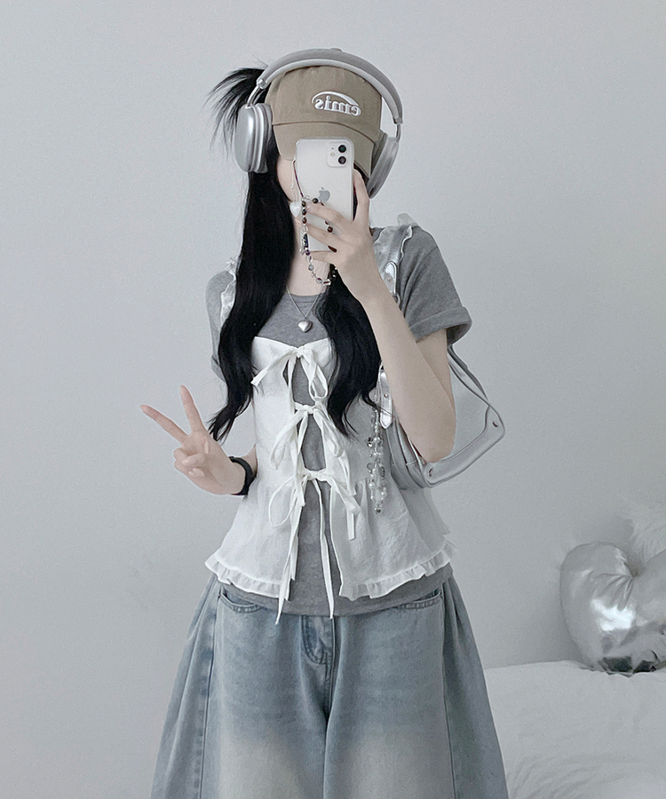 チェックリボンフリルビスチェブラウス WHITE
