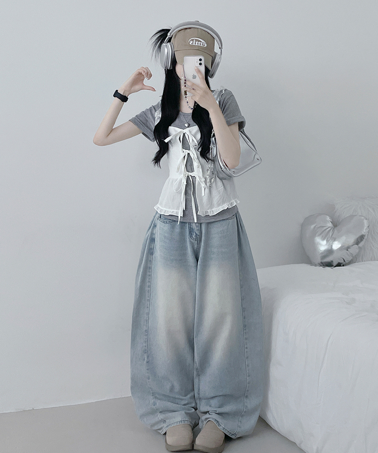 チェックリボンフリルビスチェブラウス WHITE