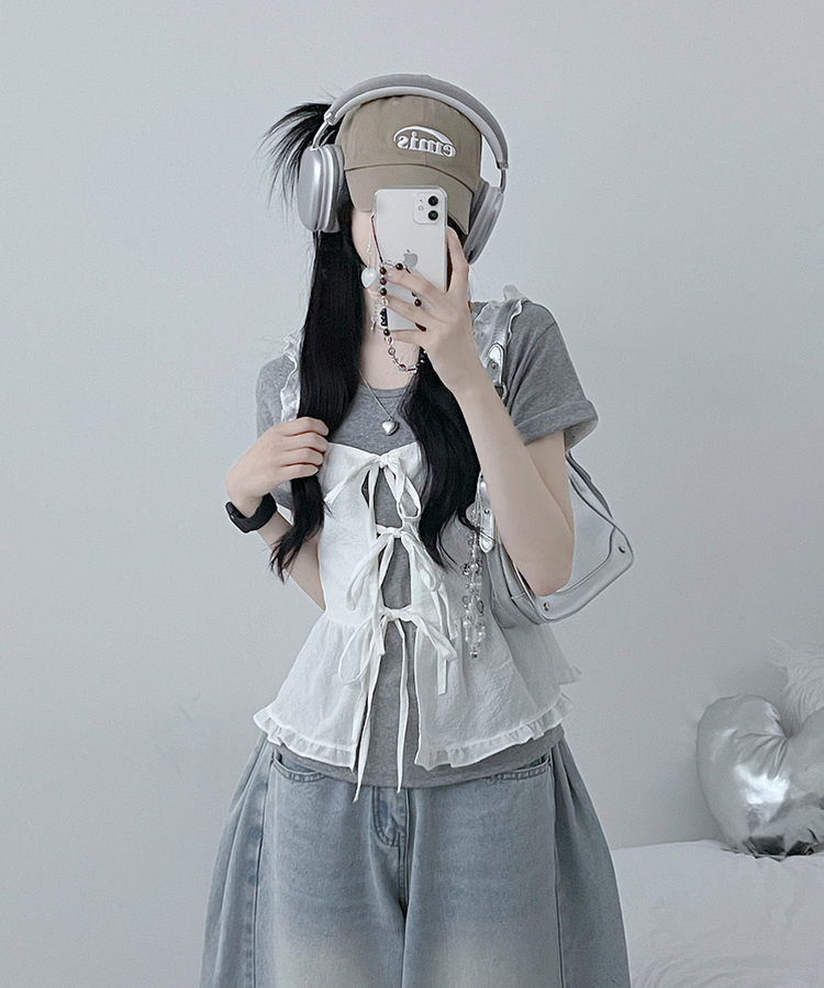 루엘잔체크리본프릴끈뷔스티에나시블라우스 화이트