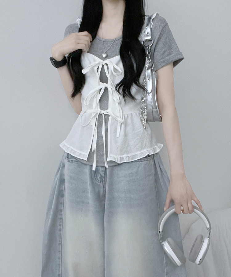 루엘잔체크리본프릴끈뷔스티에나시블라우스 화이트