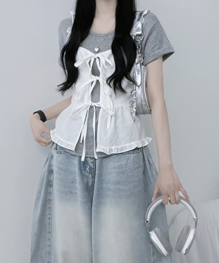 루엘잔체크리본프릴끈뷔스티에나시블라우스 화이트