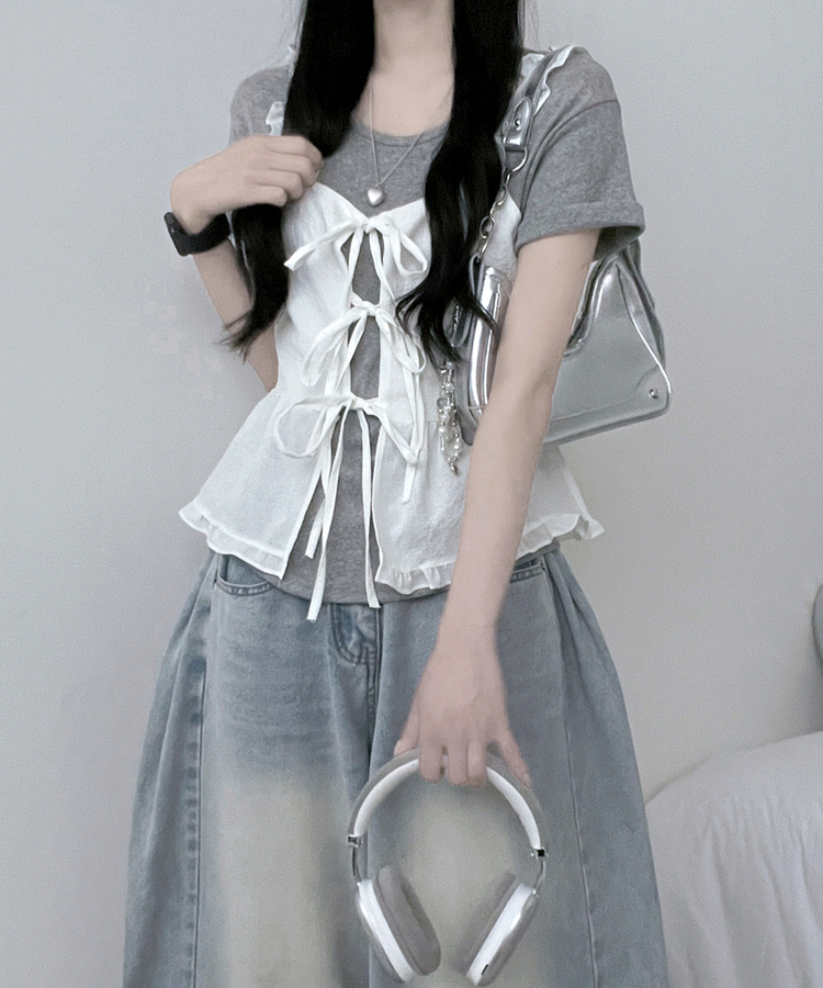 루엘잔체크리본프릴끈뷔스티에나시블라우스 화이트