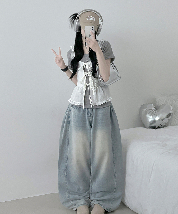 루엘잔체크리본프릴끈뷔스티에나시블라우스 화이트