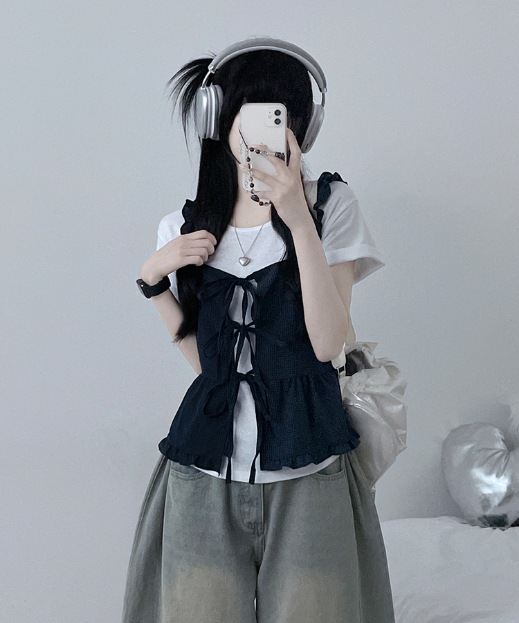 루엘잔체크리본프릴끈뷔스티에나시블라우스 네이비