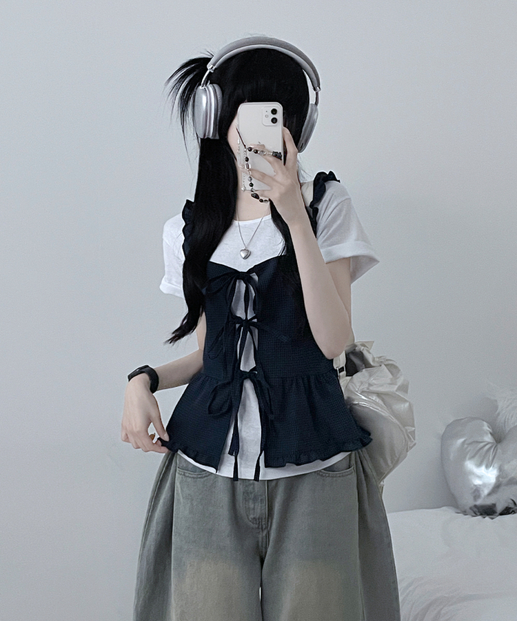 루엘잔체크리본프릴끈뷔스티에나시블라우스 네이비