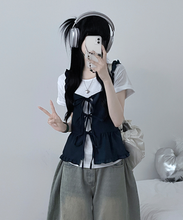 루엘잔체크리본프릴끈뷔스티에나시블라우스 네이비