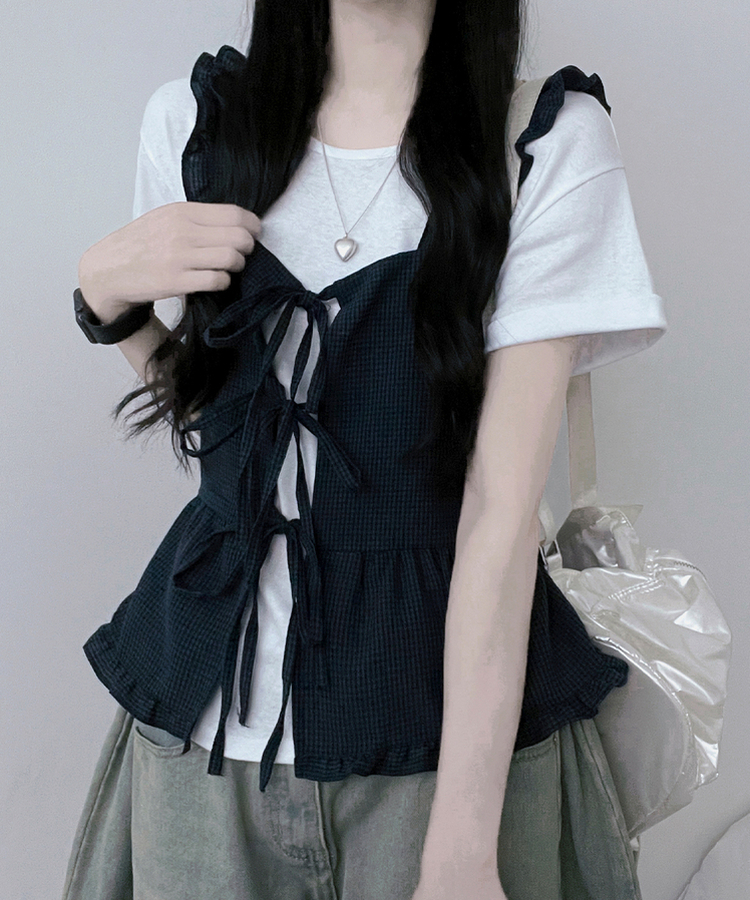루엘잔체크리본프릴끈뷔스티에나시블라우스 네이비