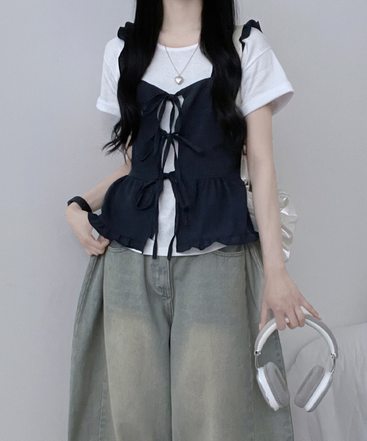 루엘잔체크리본프릴끈뷔스티에나시블라우스 네이비