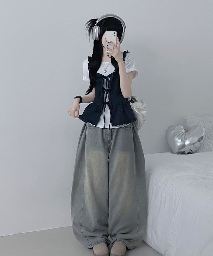 루엘잔체크리본프릴끈뷔스티에나시블라우스 네이비