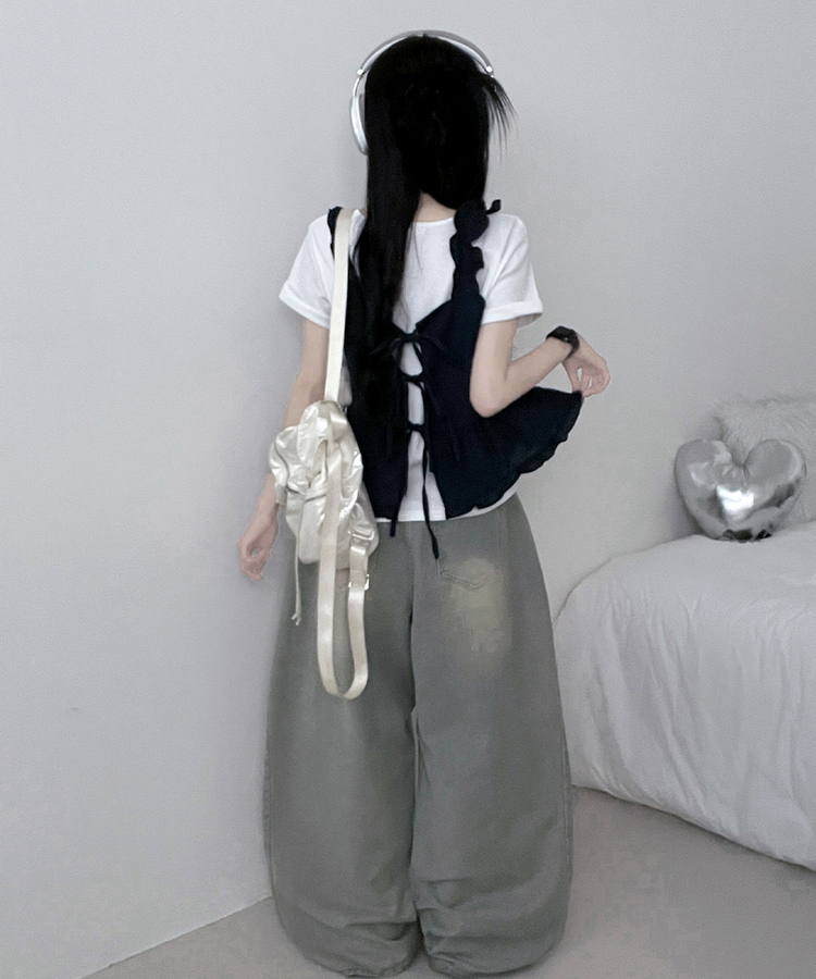 루엘잔체크리본프릴끈뷔스티에나시블라우스 네이비