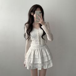 ノースリーブ 【SET着用可能】真珠ボタンキャミソール シースルーカーディガン レーススカート(6color) IVORY-CARDIGAN