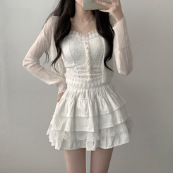 ノースリーブ 【SET着用可能】真珠ボタンキャミソール シースルーカーディガン レーススカート(6color) IVORY-CARDIGAN