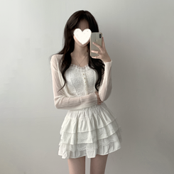 ノースリーブ 【SET着用可能】真珠ボタンキャミソール シースルーカーディガン レーススカート(6color) IVORY-CARDIGAN