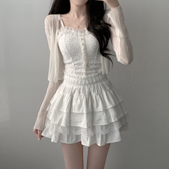 ノースリーブ 【SET着用可能】真珠ボタンキャミソール シースルーカーディガン レーススカート(6color) IVORY-CARDIGAN