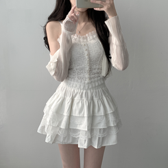 ノースリーブ 【SET着用可能】真珠ボタンキャミソール シースルーカーディガン レーススカート(6color) IVORY-CARDIGAN