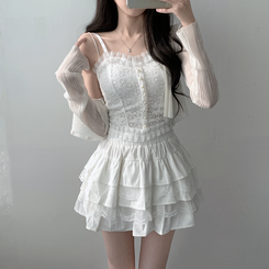 ノースリーブ 【SET着用可能】真珠ボタンキャミソール シースルーカーディガン レーススカート(6color) IVORY-CARDIGAN