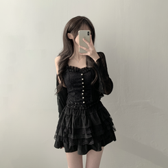ノースリーブ 【SET着用可能】真珠ボタンキャミソール シースルーカーディガン レーススカート(6color) BLACK-CARDIGAN