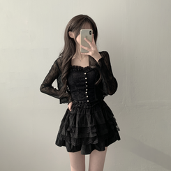 ノースリーブ 【SET着用可能】真珠ボタンキャミソール シースルーカーディガン レーススカート(6color) BLACK-CARDIGAN