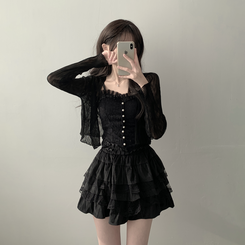 ノースリーブ 【SET着用可能】真珠ボタンキャミソール シースルーカーディガン レーススカート(6color) BLACK-CARDIGAN