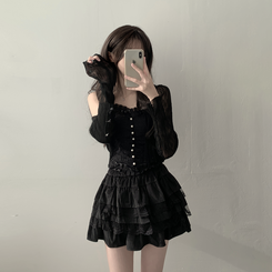 ノースリーブ 【SET着用可能】真珠ボタンキャミソール シースルーカーディガン レーススカート(6color) BLACK-CARDIGAN