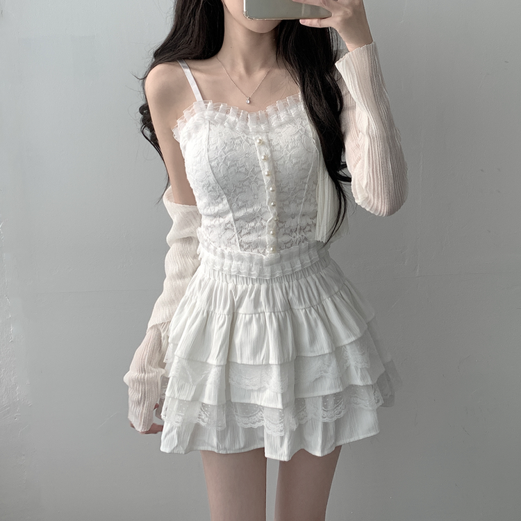 【SET着用可能】真珠ボタンキャミソール シースルーカーディガン レーススカート(6color) IVORY-CARDIGAN