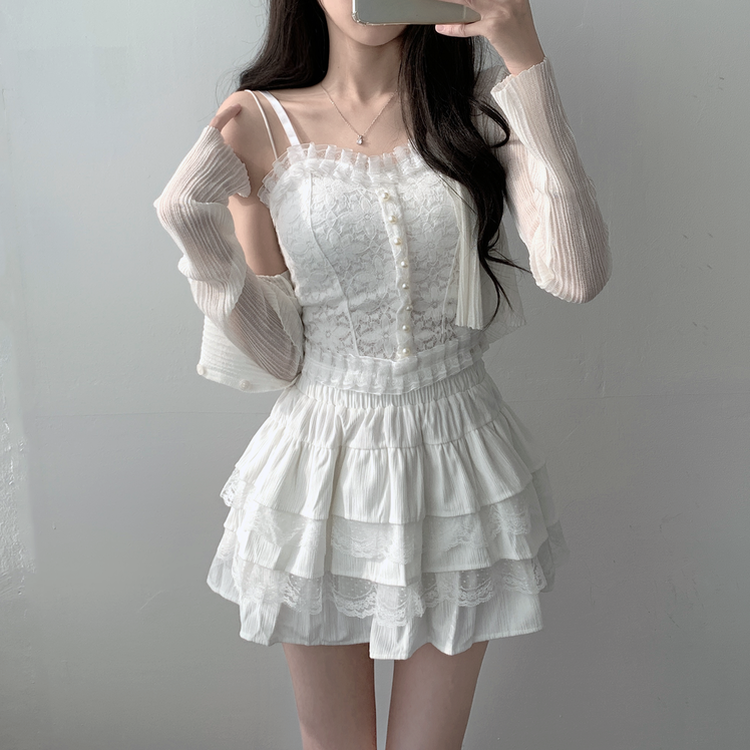 【SET着用可能】真珠ボタンキャミソール シースルーカーディガン レーススカート(6color) IVORY-CARDIGAN