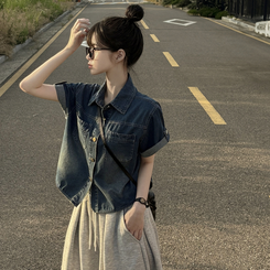 シャツ ウォッシングデニム半袖シャツ MID DENIM