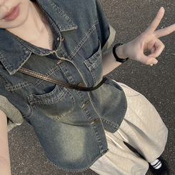 シャツ ウォッシングデニム半袖シャツ MID DENIM