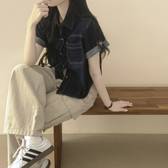 シャツ ウォッシングデニム半袖シャツ DEEP DENIM