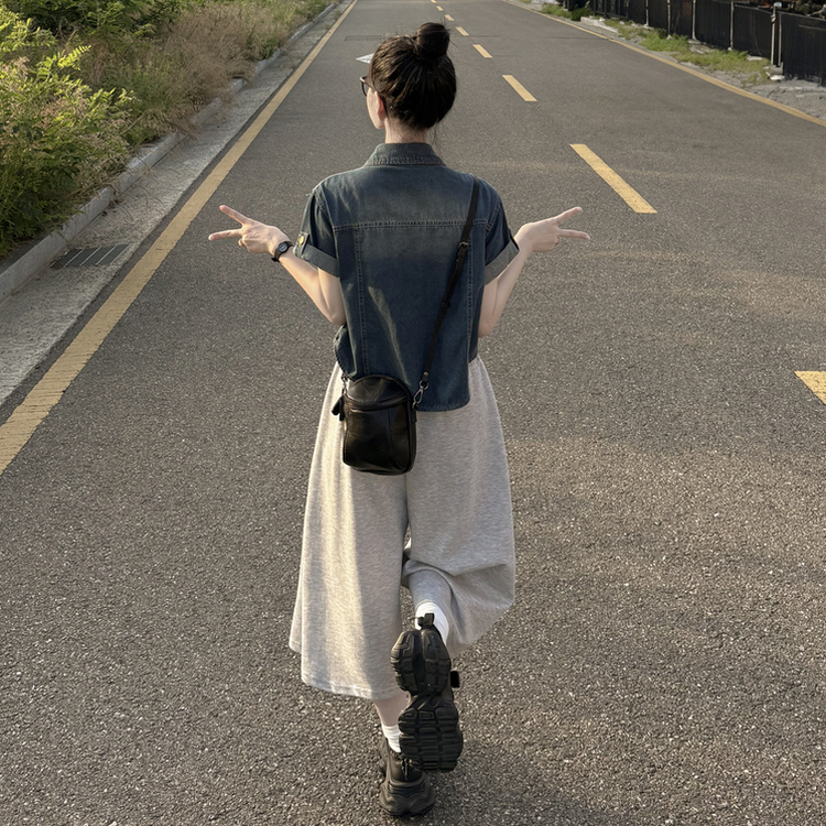 ウォッシングデニム半袖シャツ MID DENIM