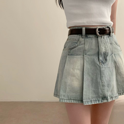 ミニスカート 【ベルト付き】プリーツデニムハイティーンスカート LIGHT BLUE