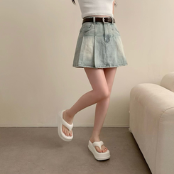 ミニスカート 【ベルト付き】プリーツデニムハイティーンスカート LIGHT BLUE