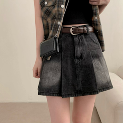 ミニスカート 【ベルト付き】プリーツデニムハイティーンスカート BLACK DENIM