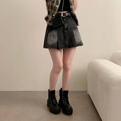 ミニスカート 【ベルト付き】プリーツデニムハイティーンスカート BLACK DENIM