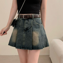 ミニスカート 【ベルト付き】プリーツデニムハイティーンスカート MID DENIM